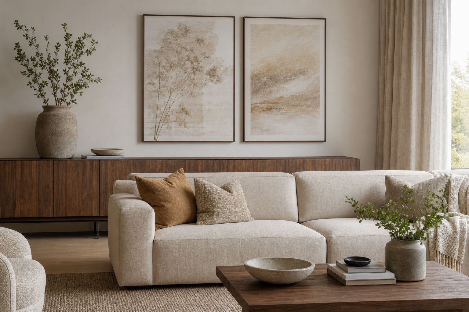 Beige wall art above a sofa in a calm contemporary living room