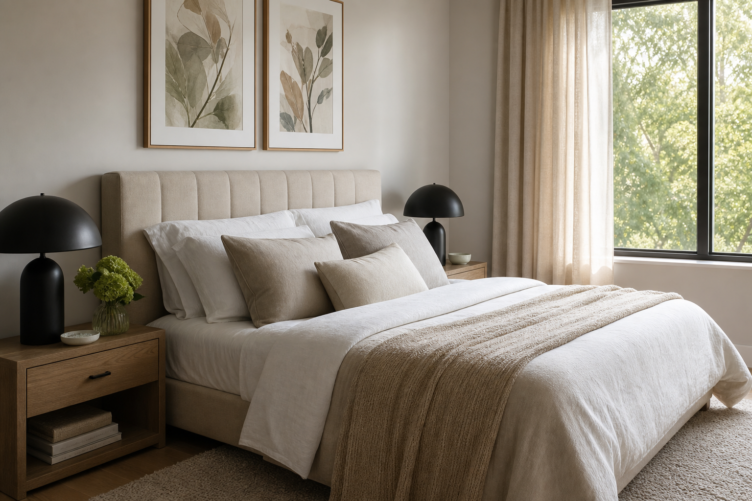 Beige framed art above a bed in a calm bedroom