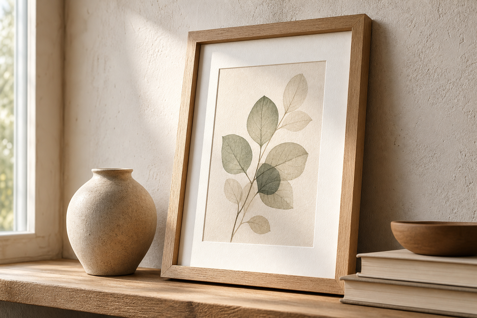 Close-up of neutral framed art with oak frame and textured print