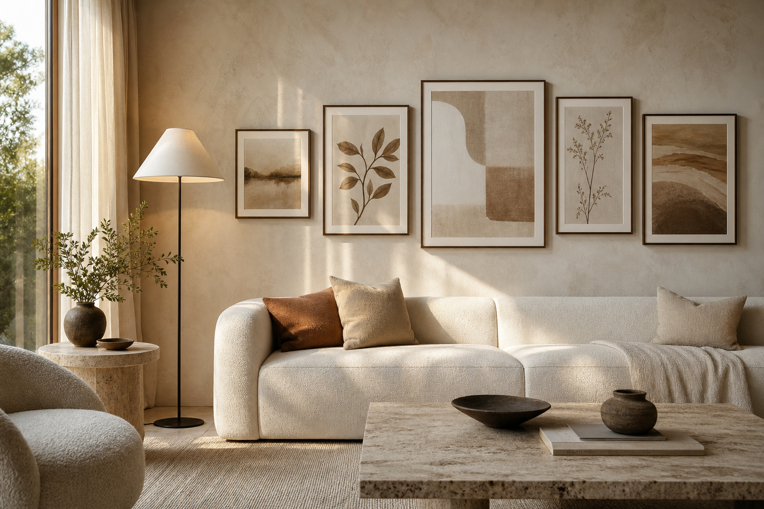Gallery wall arrangement of beige and neutral art above a sofa