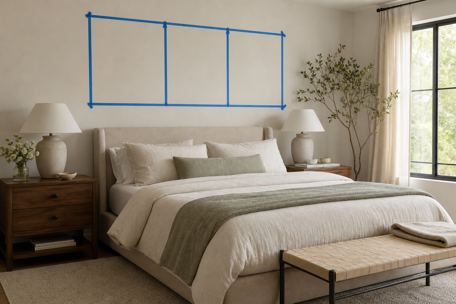 Bedroom wall with framed art measured above bed