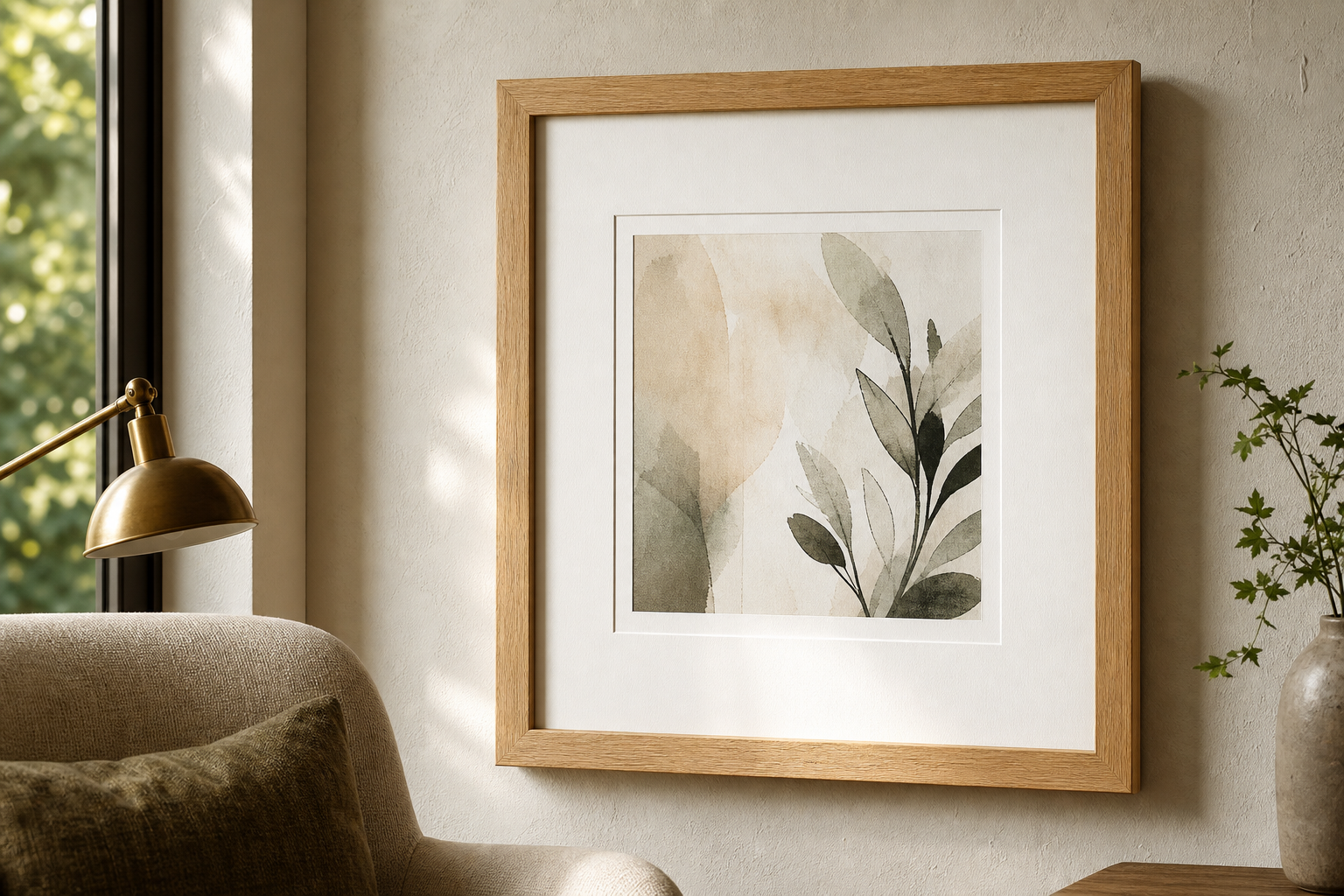 Close-up of wood frame and matted wall art in styled interior
