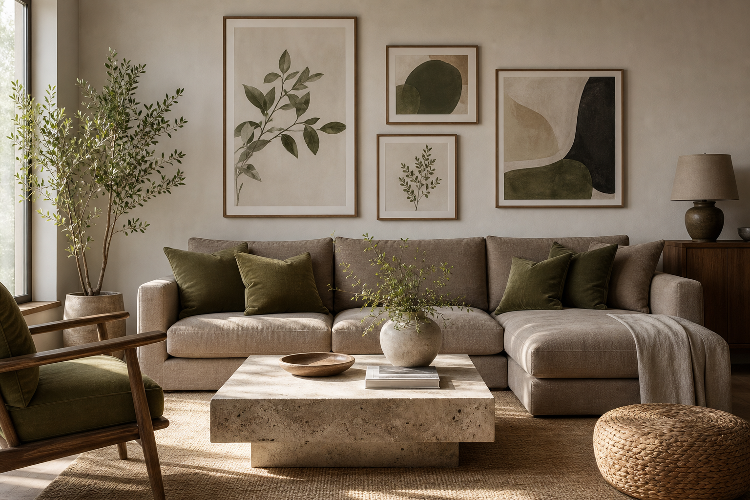 Neutral living room with coordinated framed art prints and accent colors