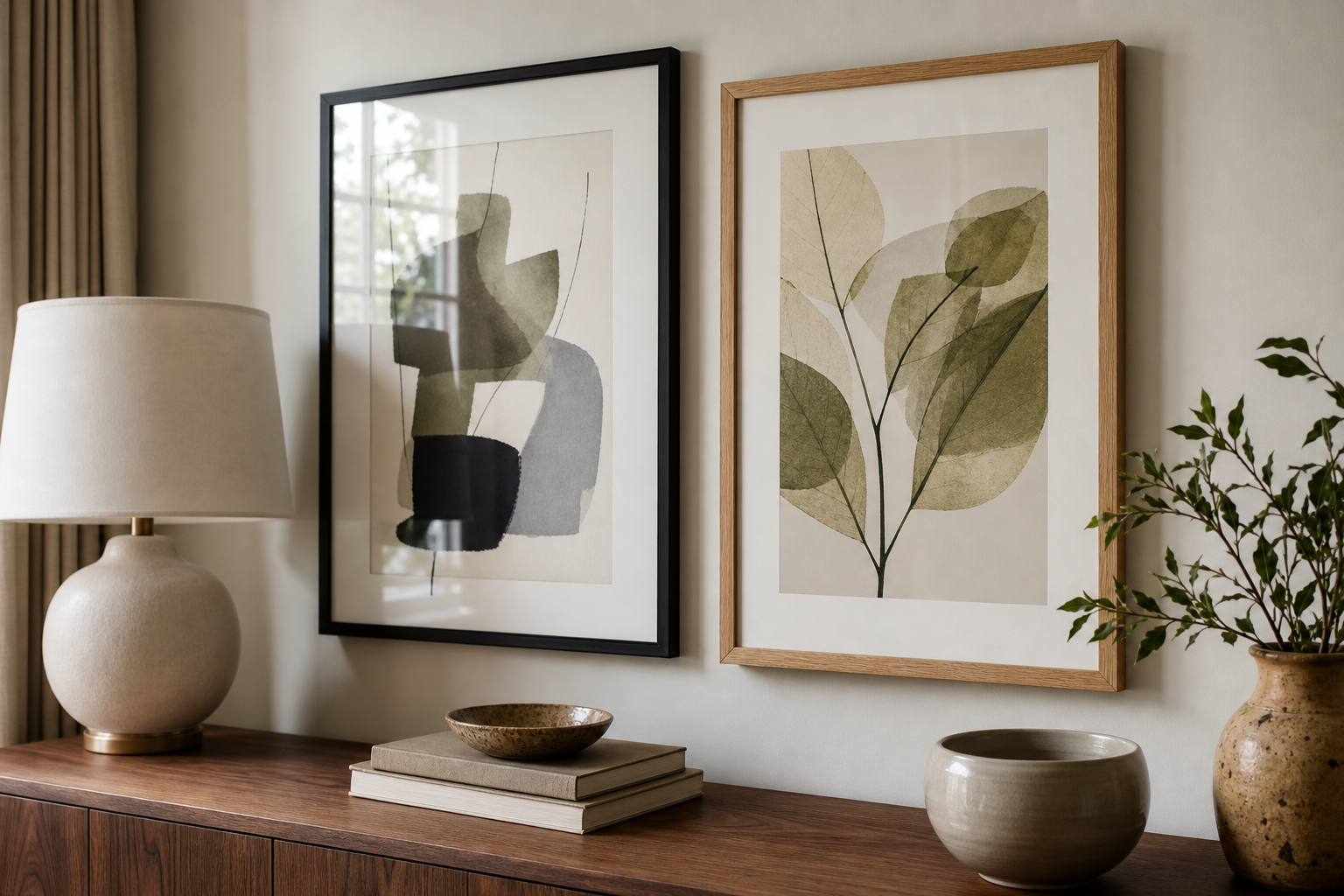 Close-up of framed living room art with wood and black frame options