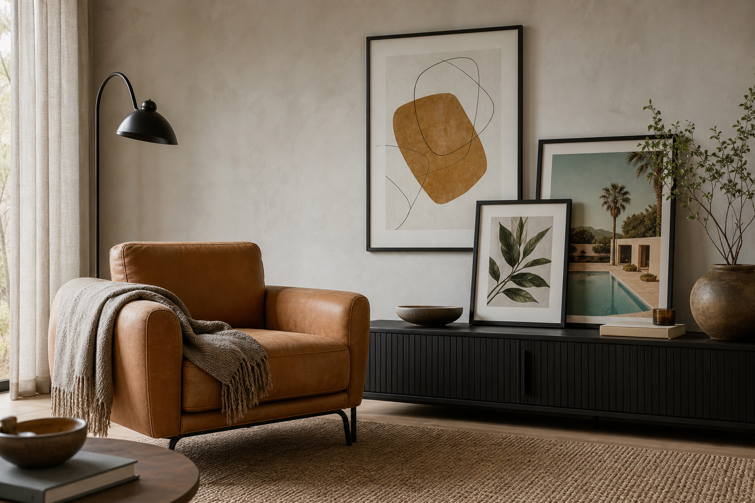 Living room corner showing different art styles in a refined interior