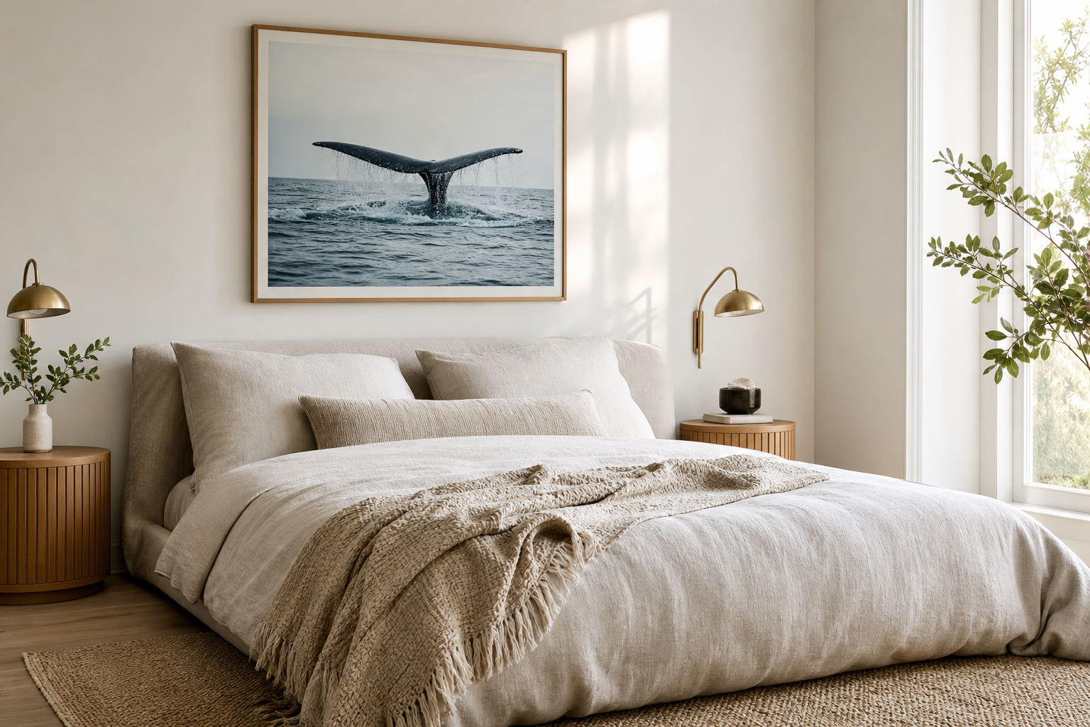 Bedroom with whale tail wall art above bed