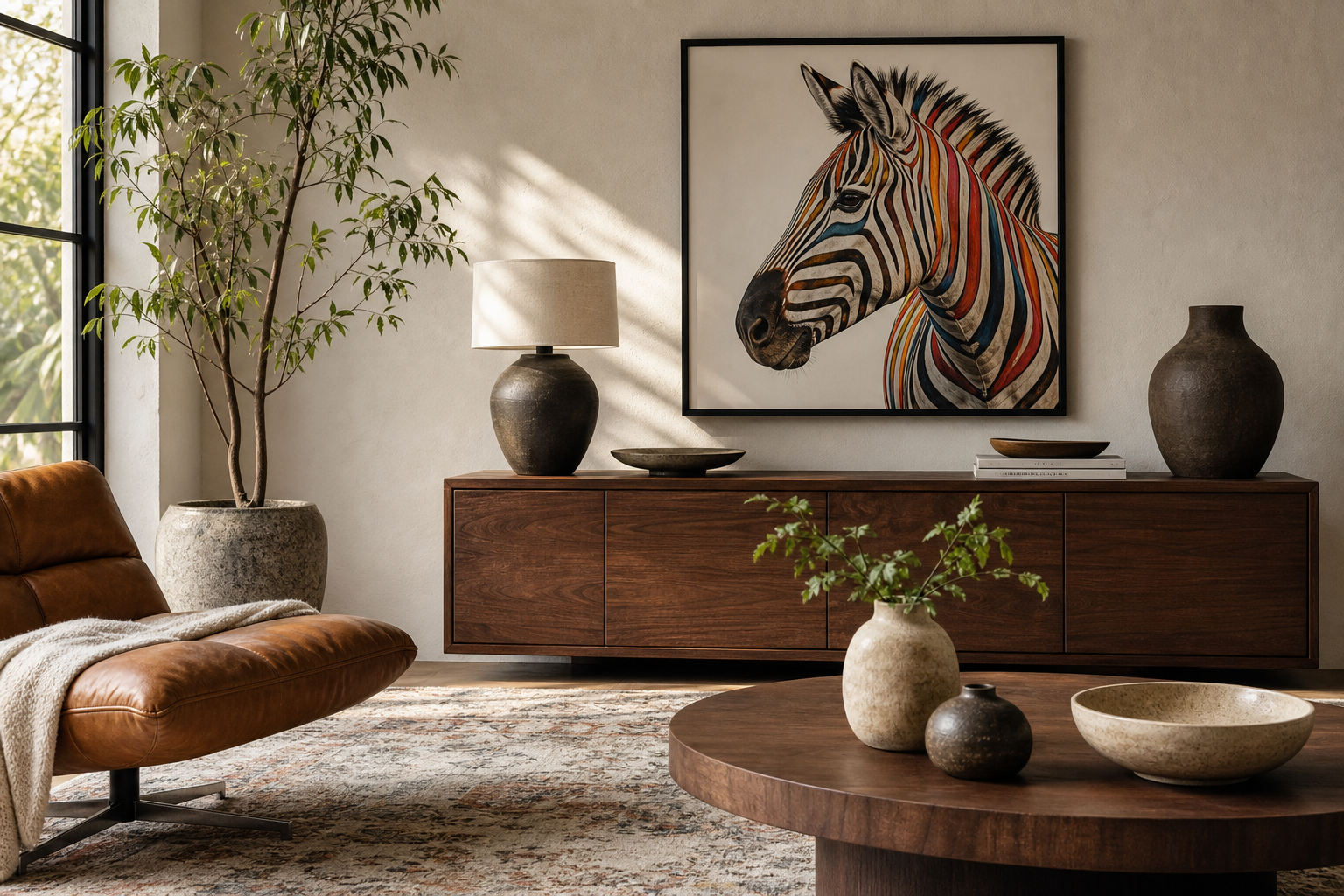 Living room with colorful zebra art in black frame