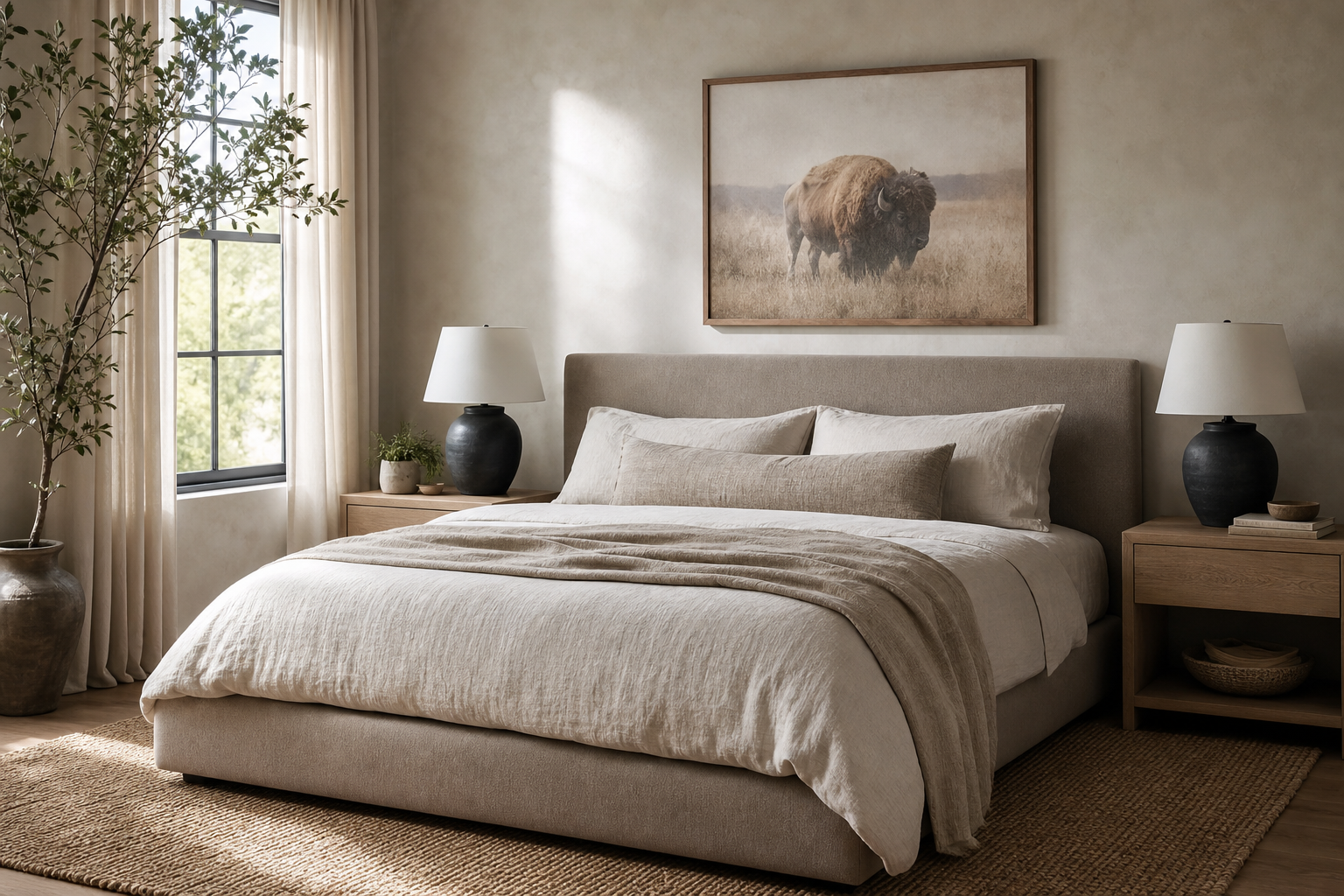 Bedroom with soft-toned bison artwork over a headboard