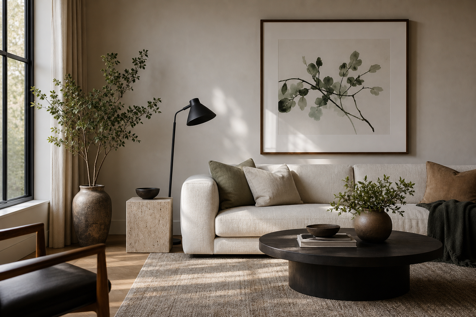 Neutral living room styled with a large framed bison print