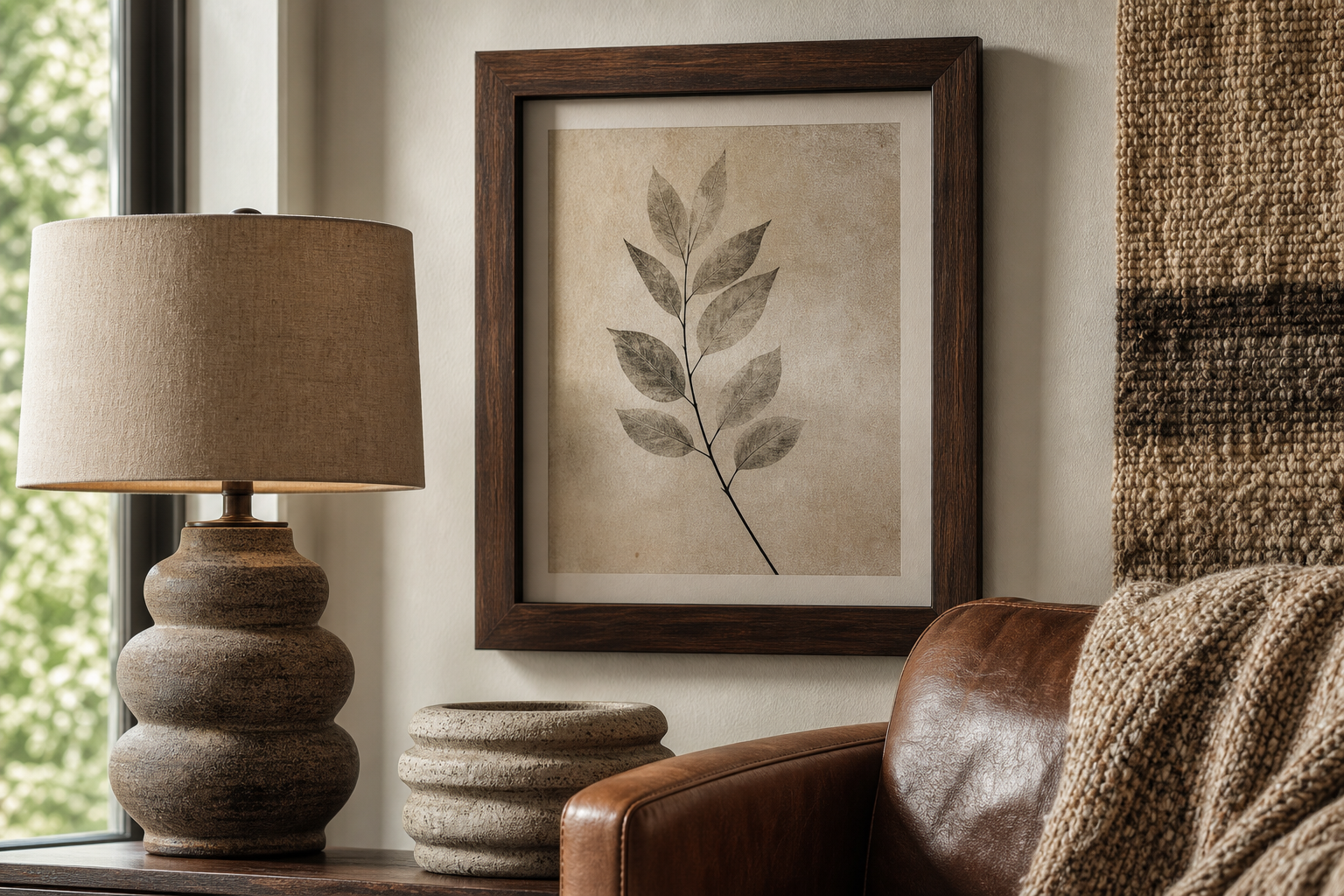 Close-up of dark wood frame and textured natural materials beside bison art