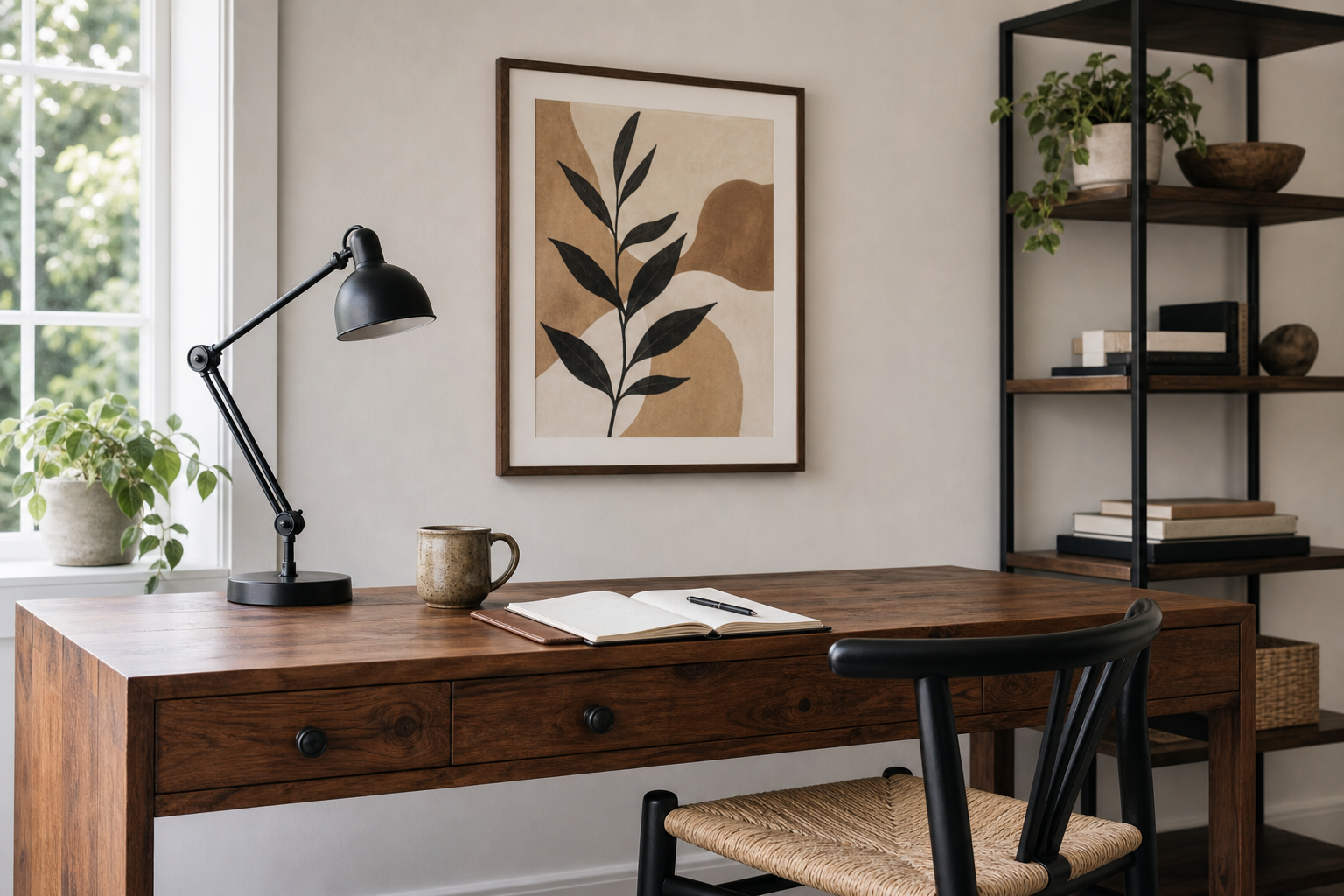 Home office with a framed bison print styled above a desk