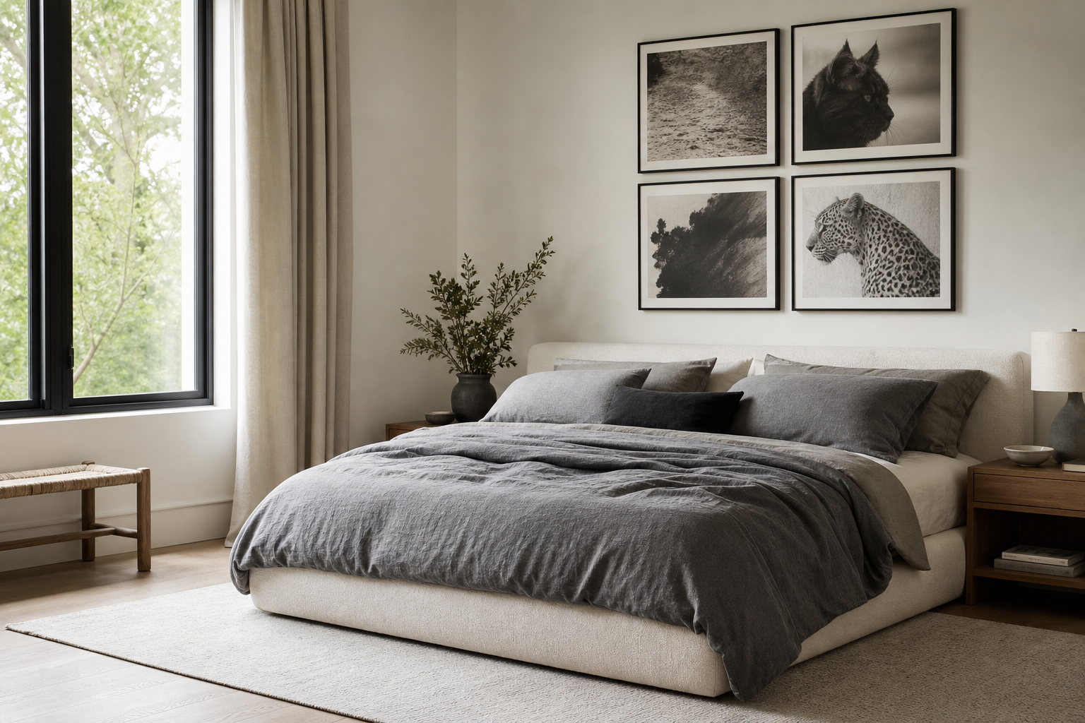 Cat-inspired monochrome gallery wall in a bedroom