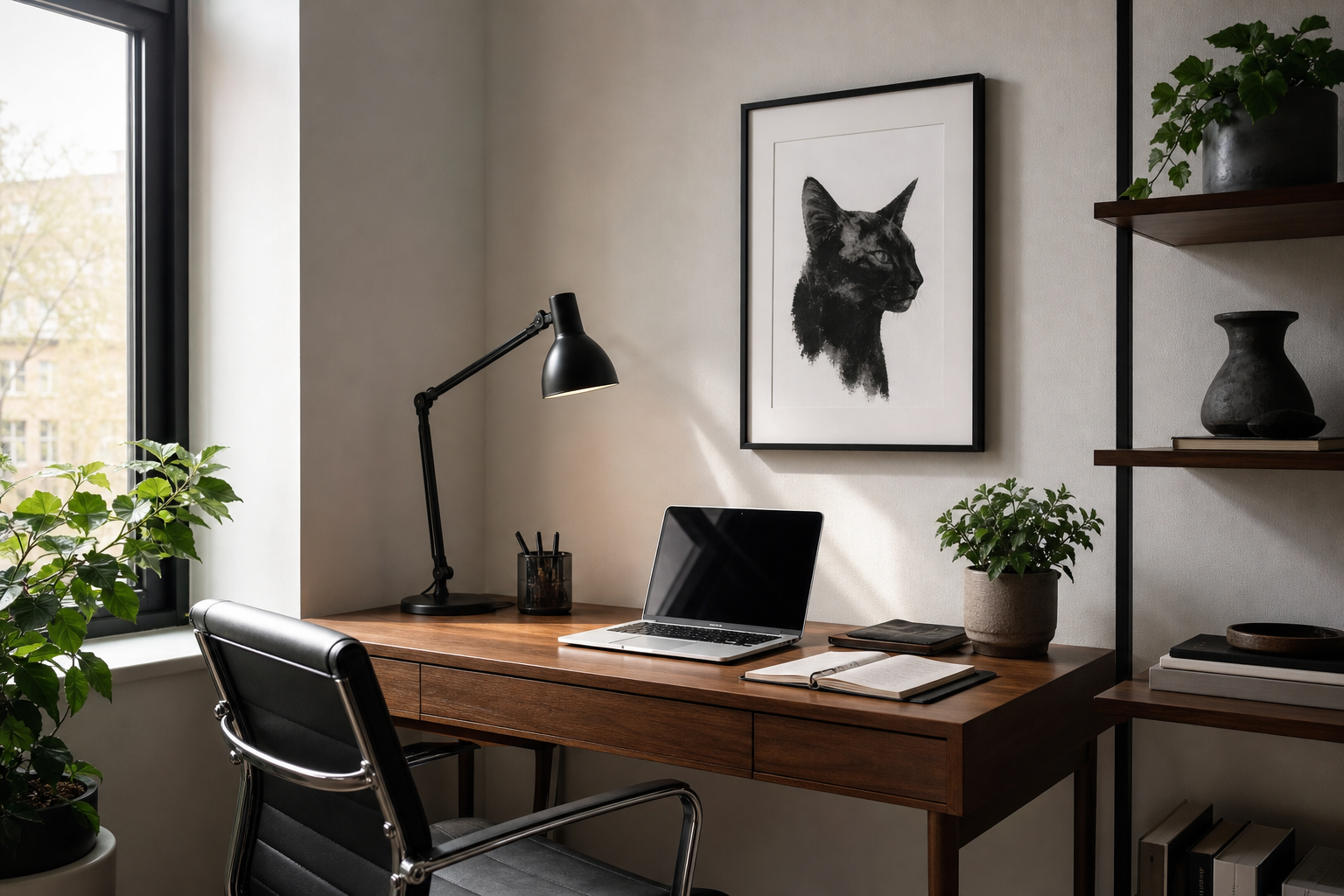 Black and white cat-inspired art in a small home office