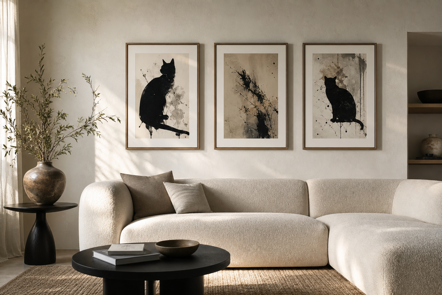 Monochrome cat-themed art above a sofa in a minimalist living room
