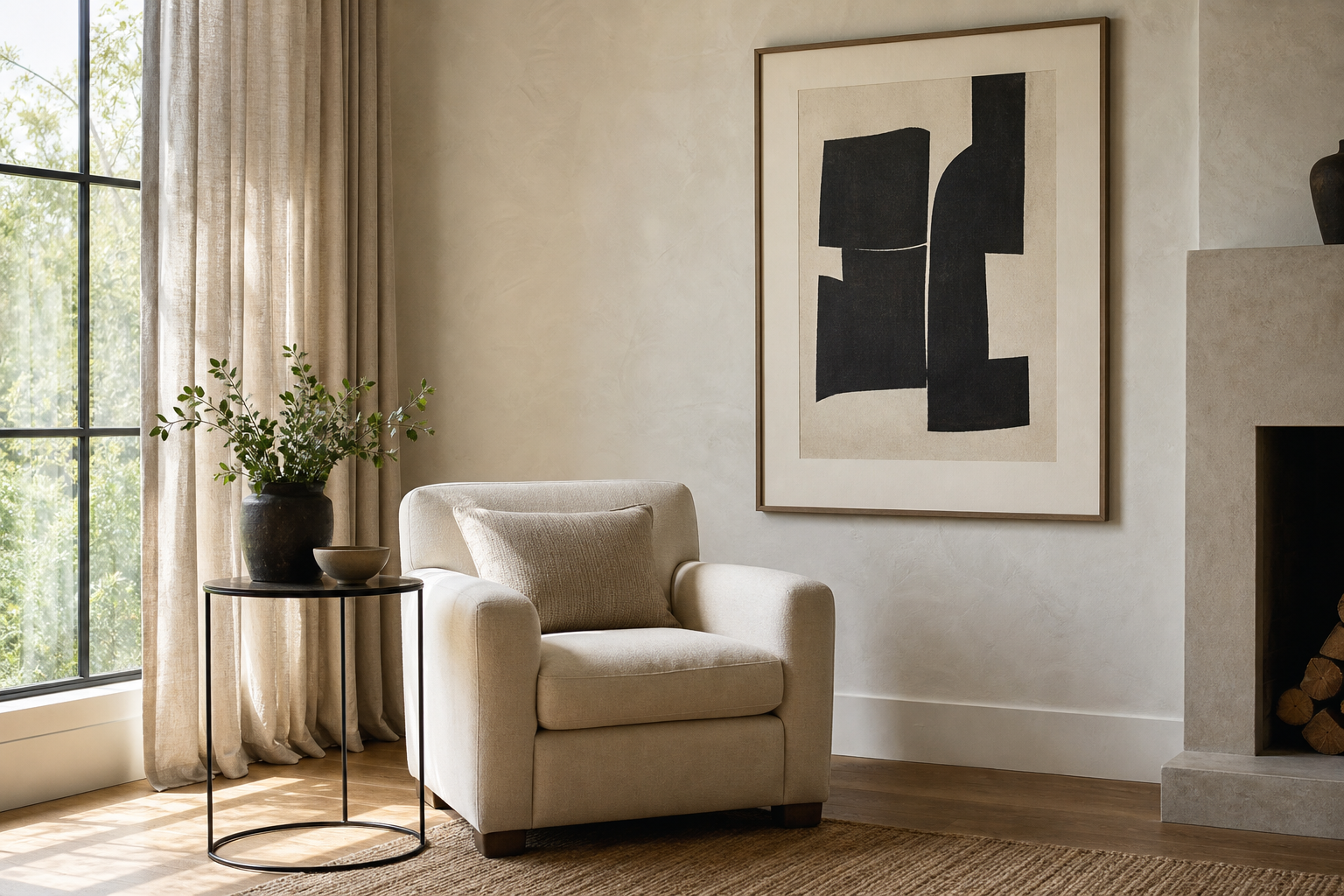 Minimal lounge with monochrome framed art