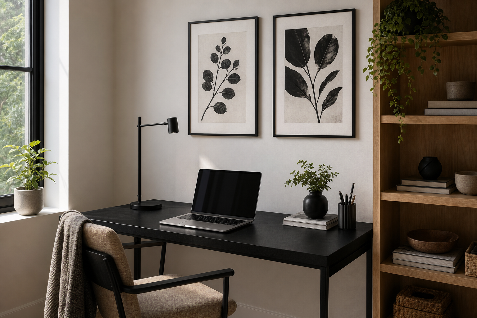 Home office with monochrome framed prints