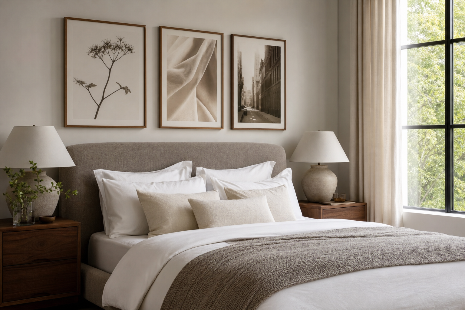Bedroom wall with different black and white art styles