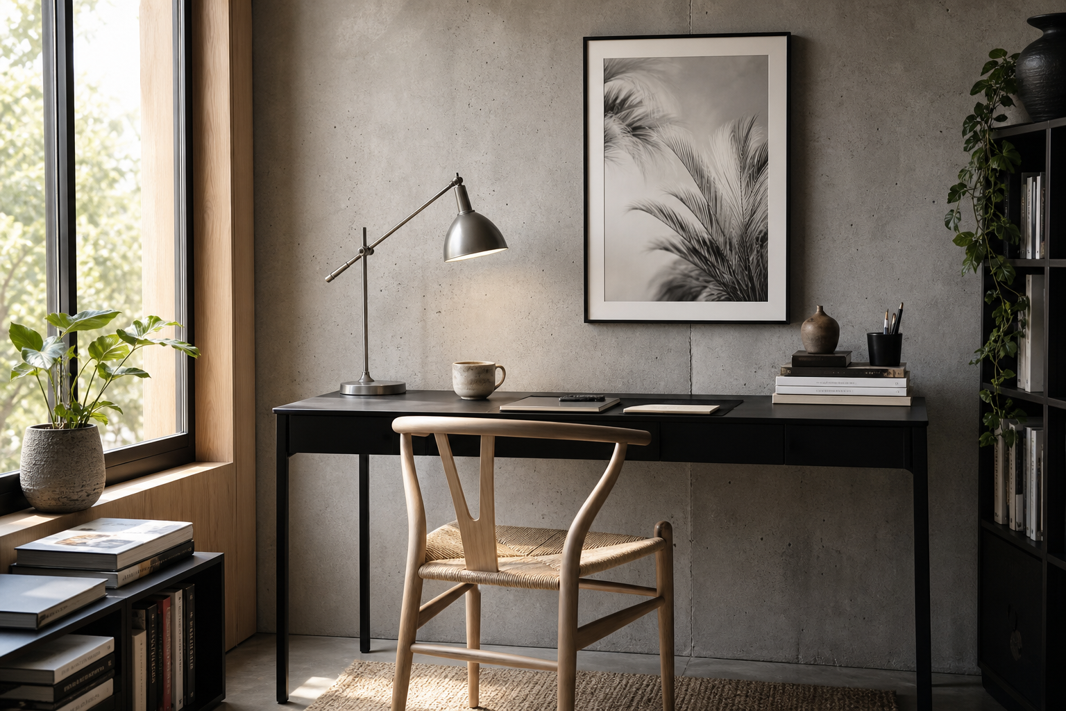 Modern workspace styled with monochrome wing-inspired wall art
