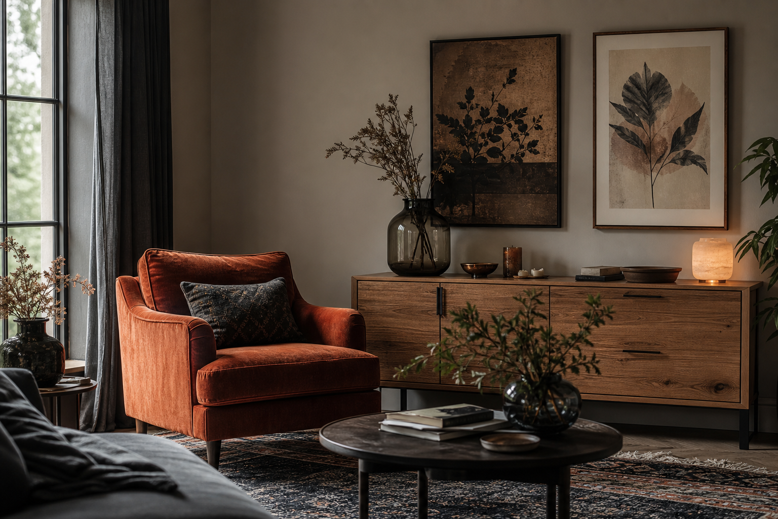 Eclectic living room with dark whimsical animal and motoring inspired wall art