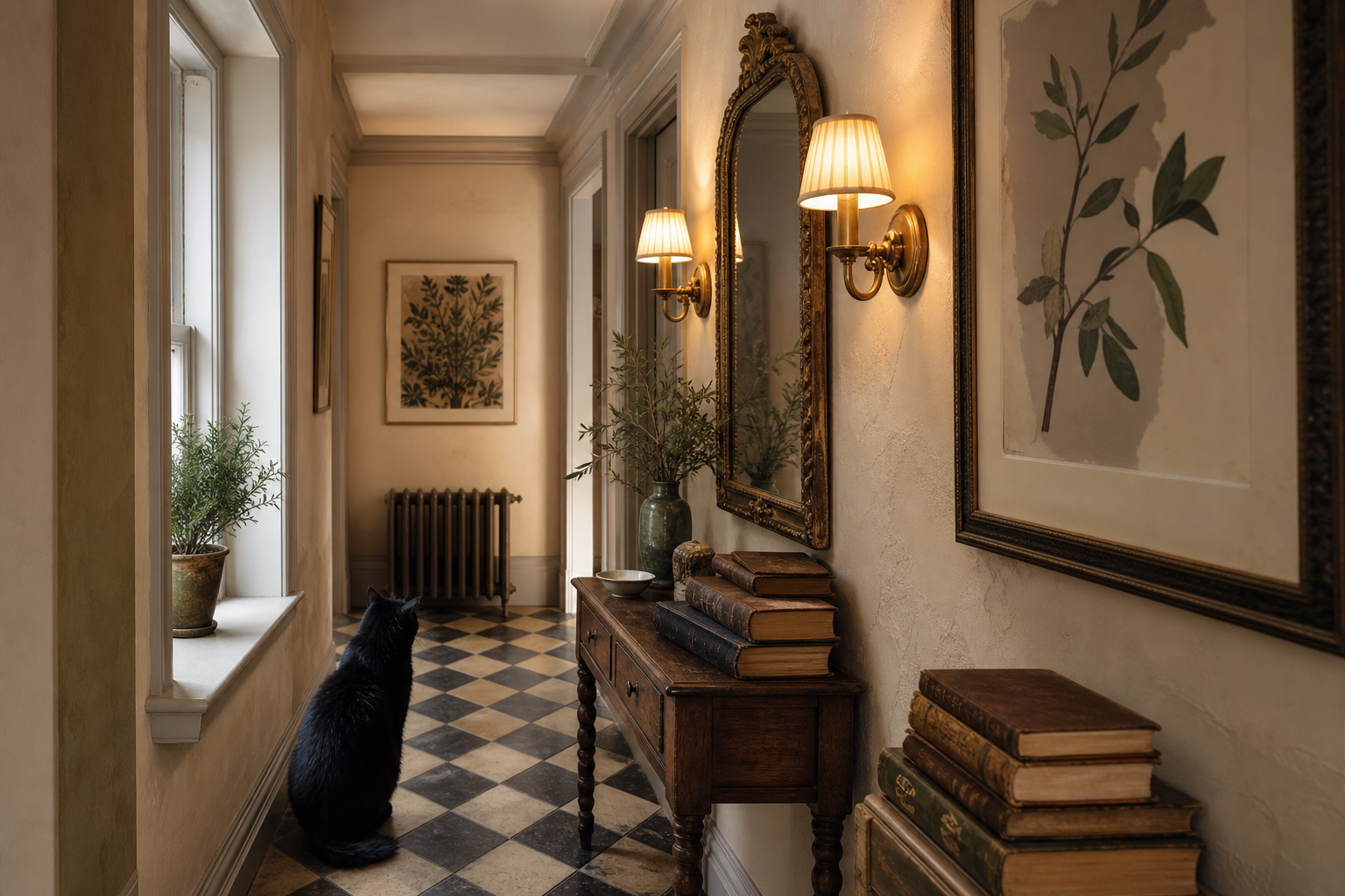 Hallway styled with dark whimsical framed wall art and vintage accents