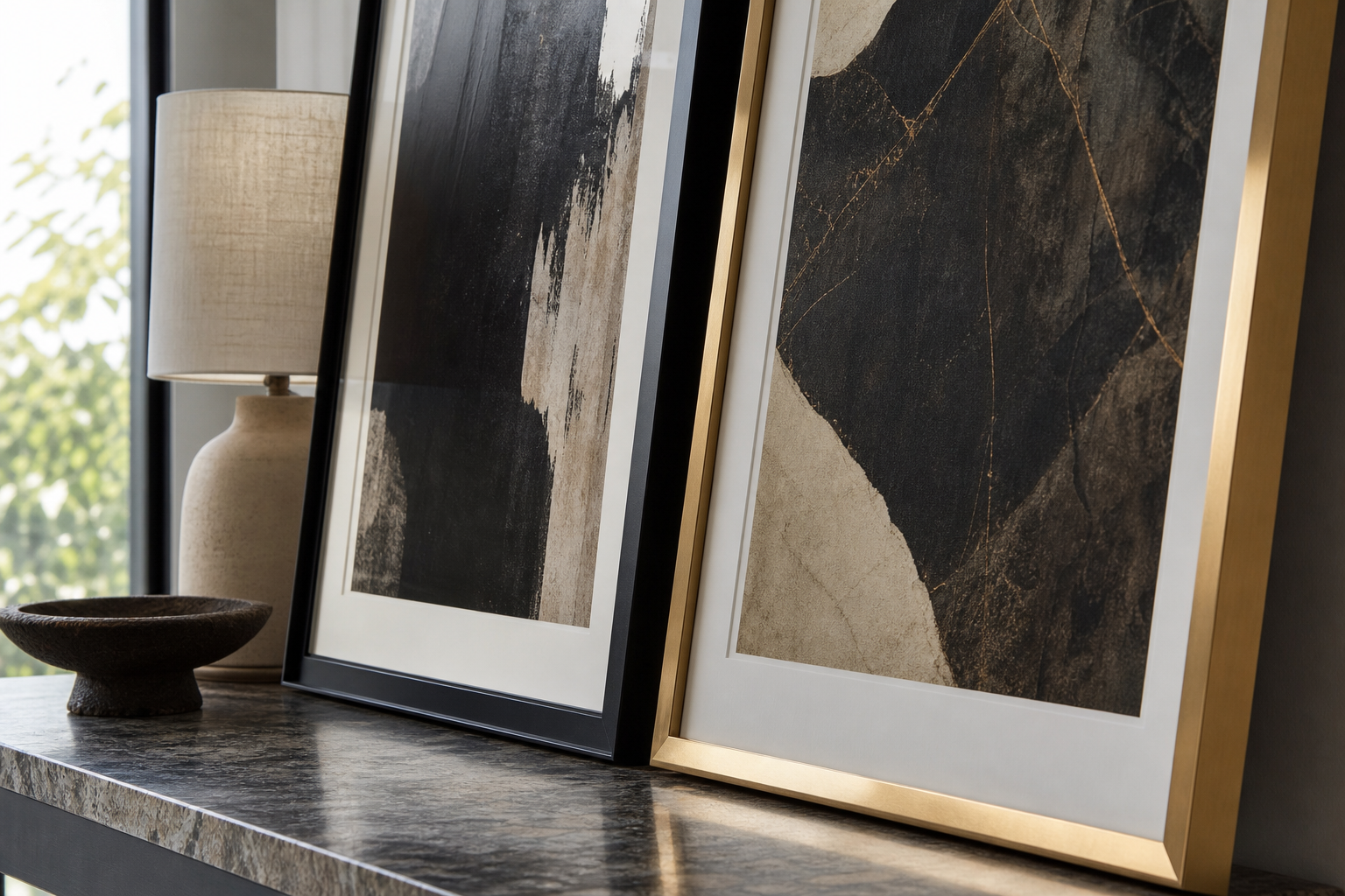 Close-up of black and brass frames with textured wall art
