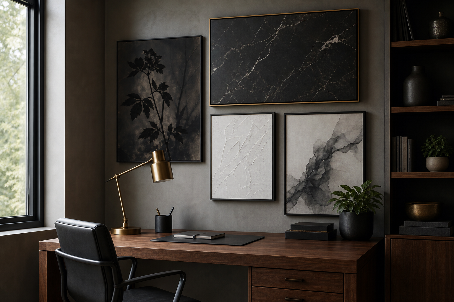 Gallery wall mixing black marble-inspired art with neutral abstract prints