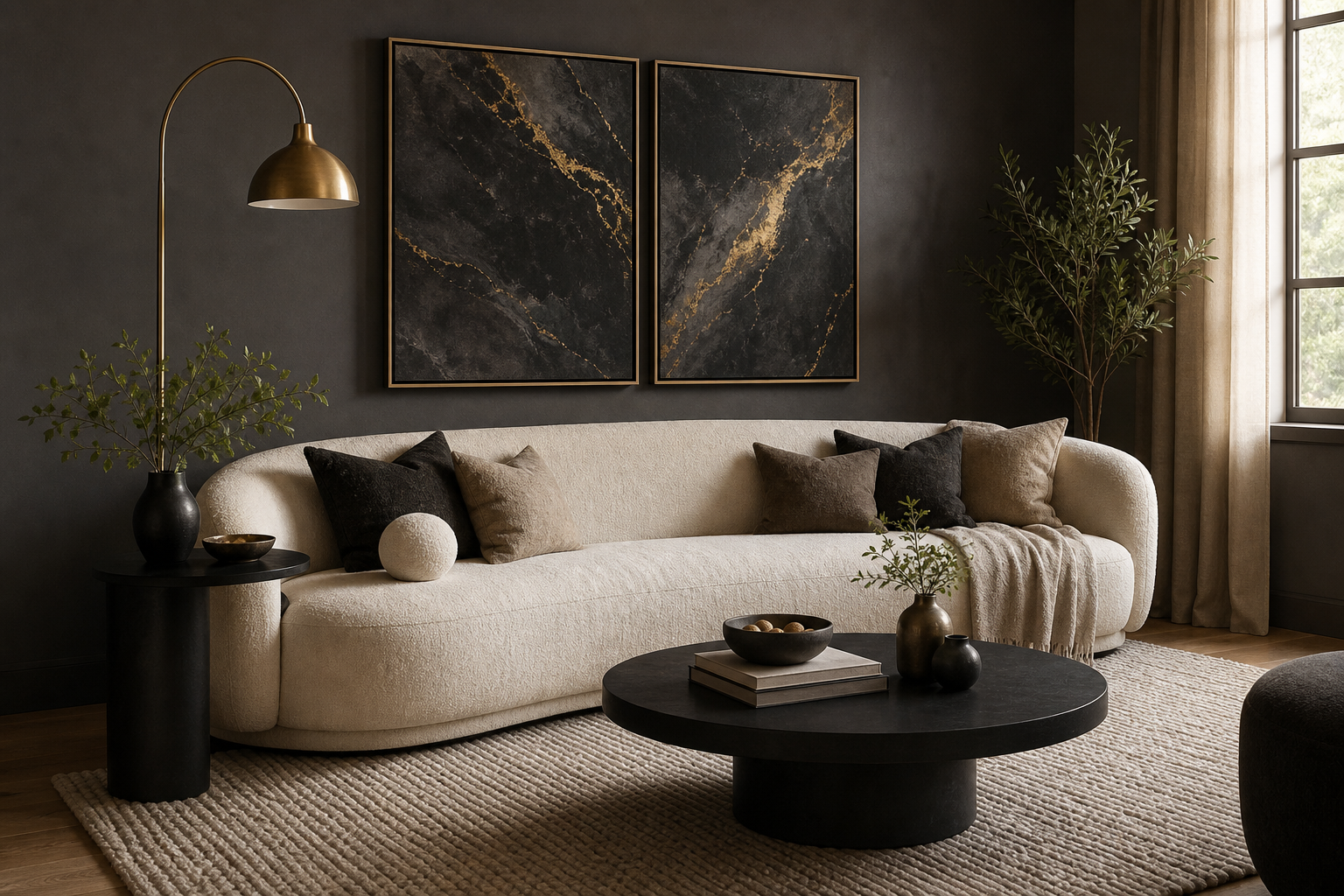Black and gold wall art above sofa in a modern living room
