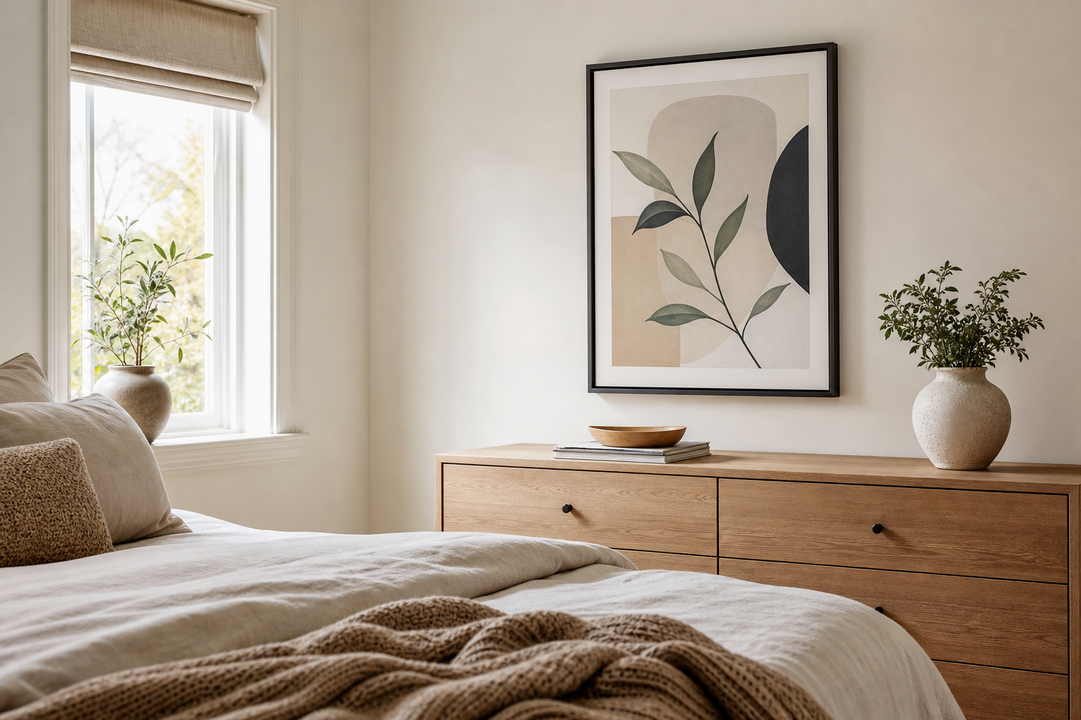 Bedroom with black sheep dog print above dresser
