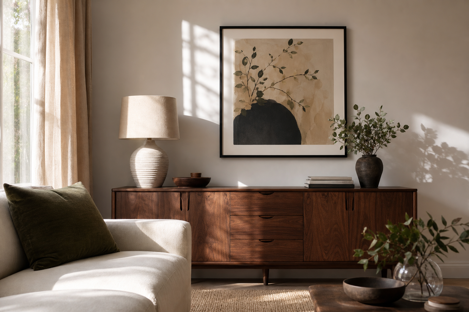 Black sheep dog print in a graphic neutral interior