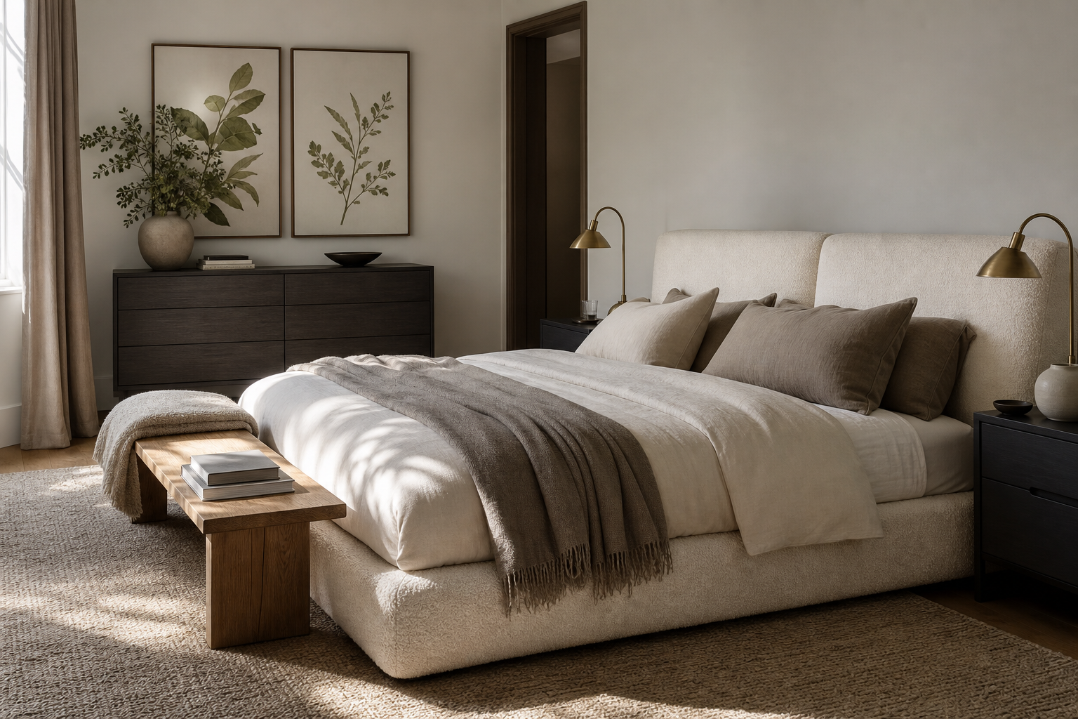 Bedroom styled with black sheep-inspired wall art and warm textures