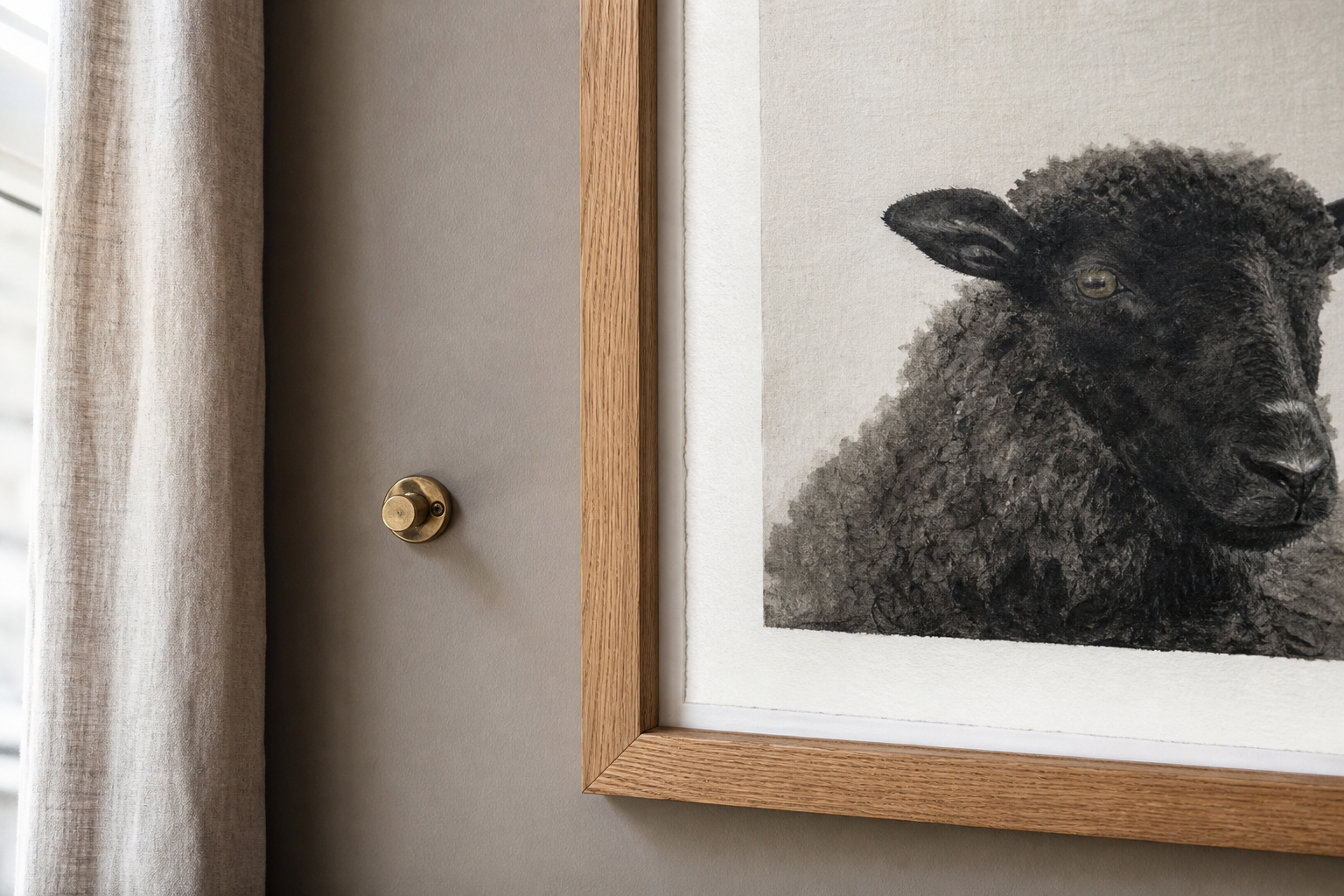 Close-up of sheep artwork frame and wall materials