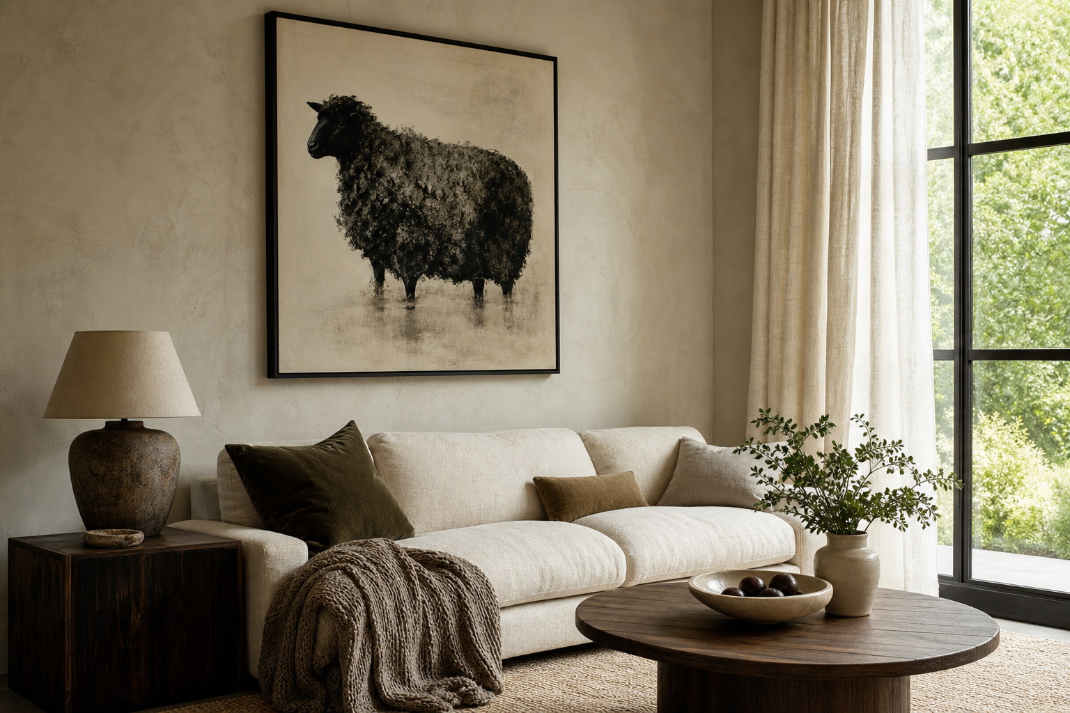 Black sheep portrait above a sofa in a warm neutral living room