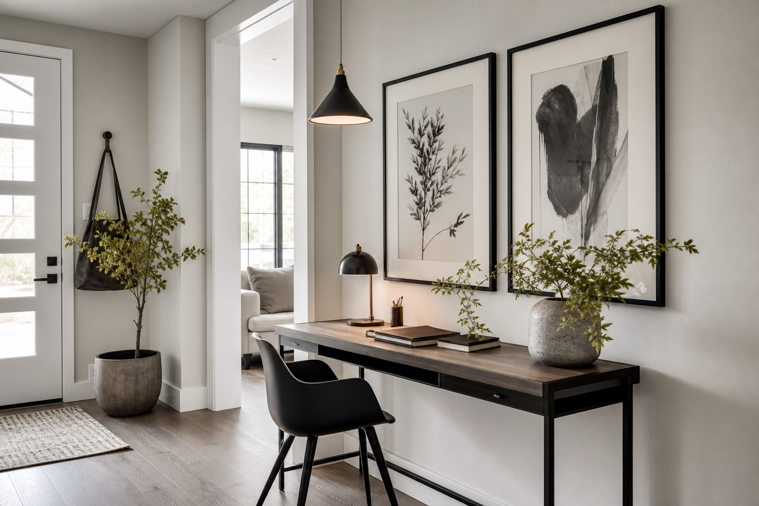 Black-and-white art in a contemporary home office entry corner