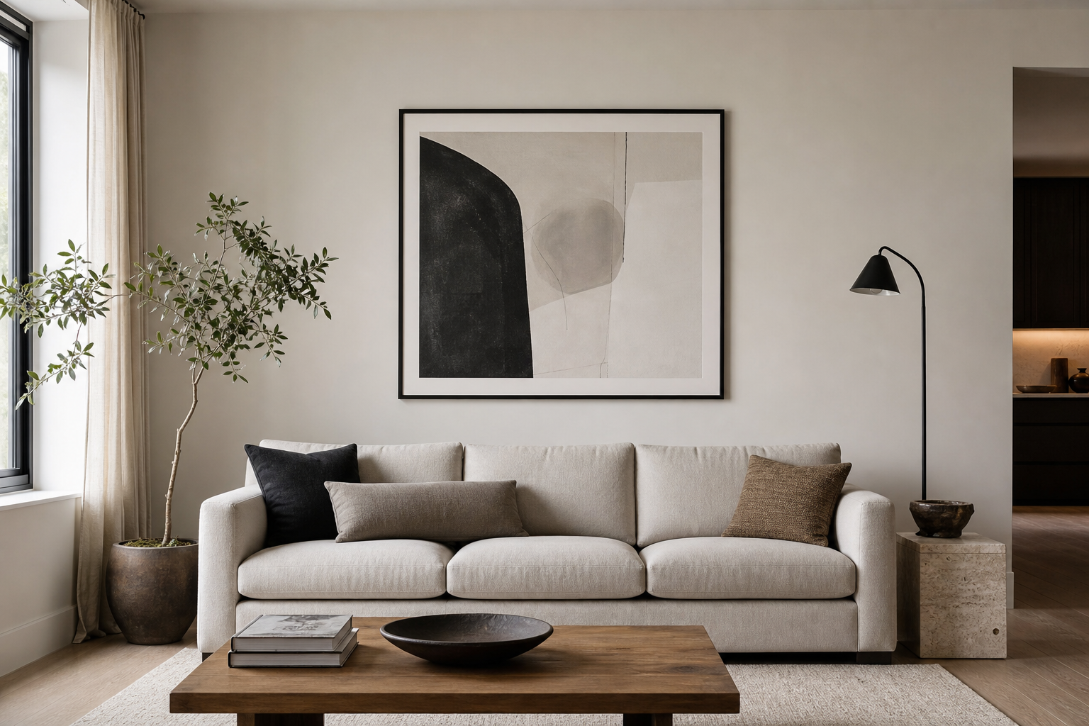 Large monochrome art arranged above a sofa