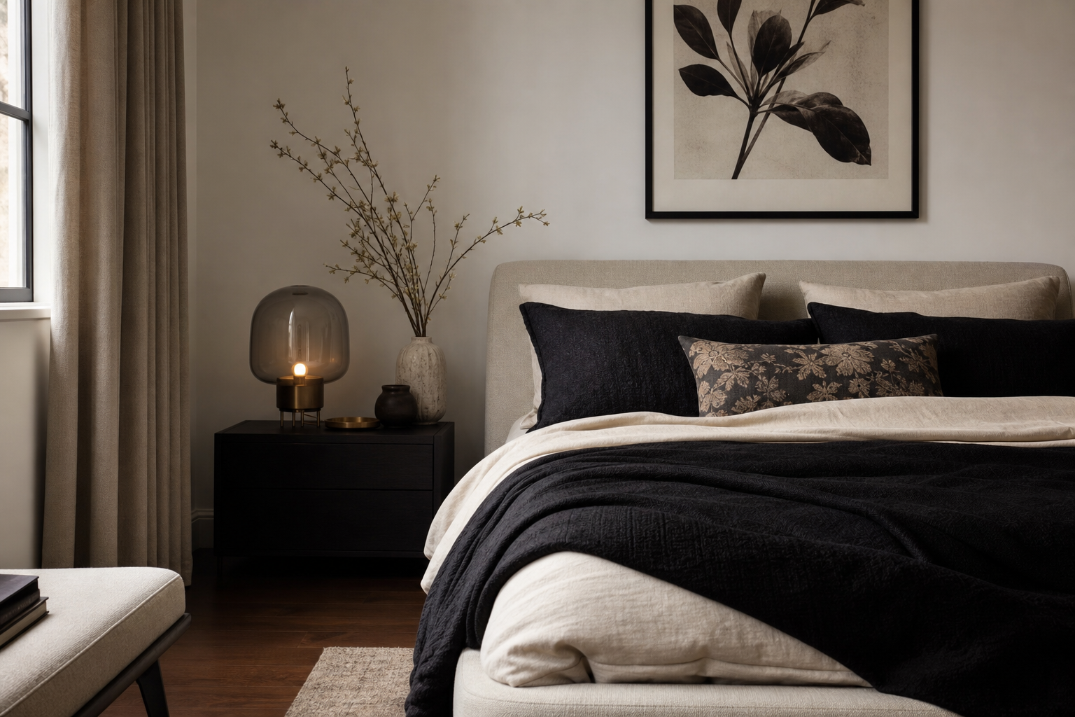 Bedroom styled with monochrome floral art and dark textiles
