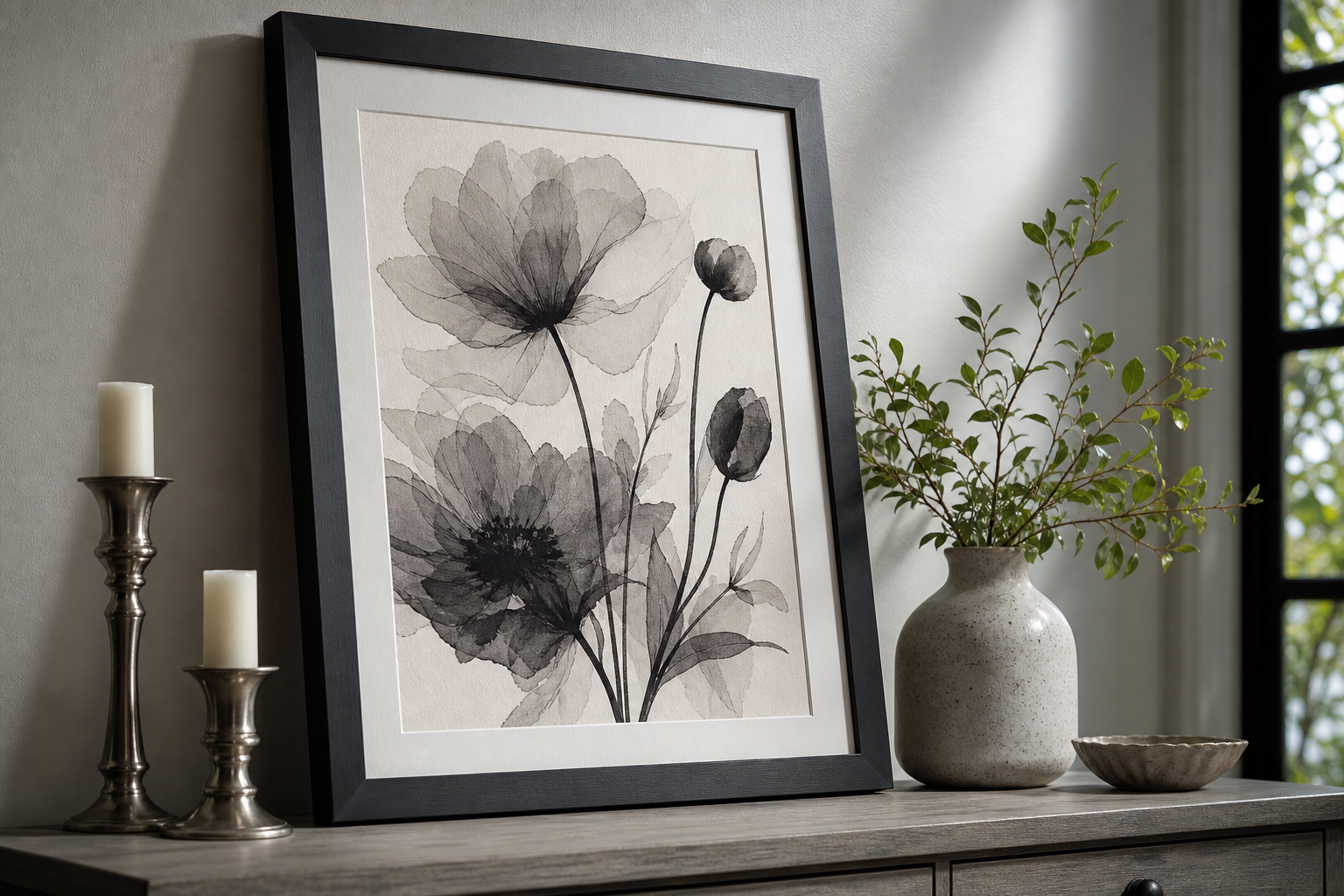 Close-up of matte black frame with monochrome floral print
