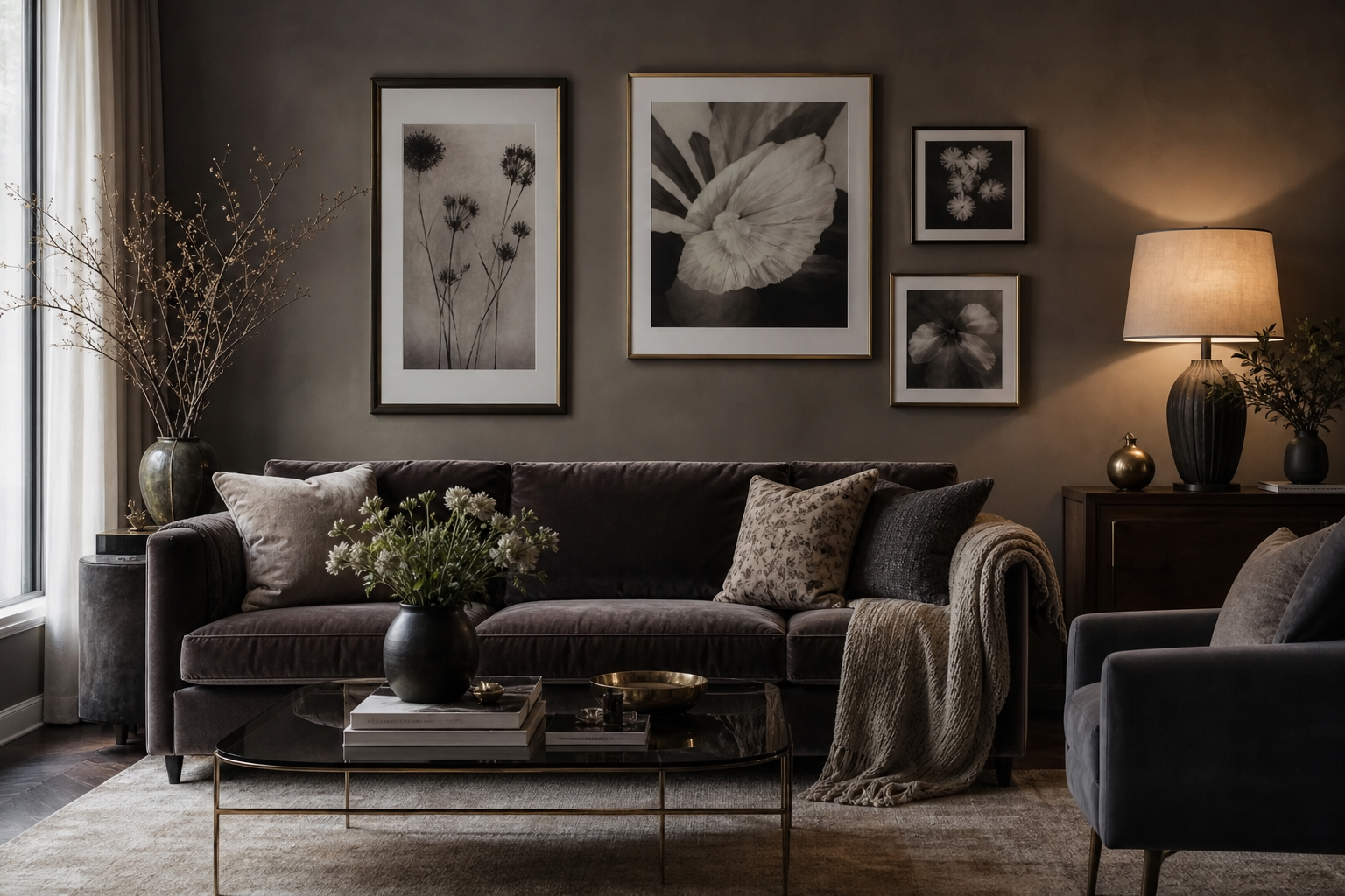 Moody living room with monochrome floral gallery wall
