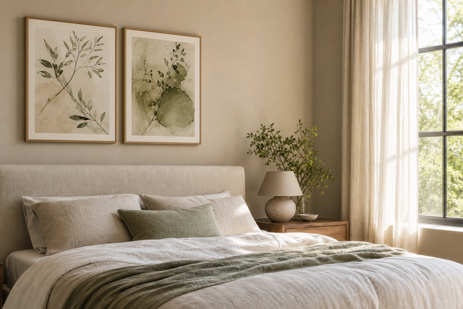 Neutral bedroom with beige walls and soft framed art above the bed
