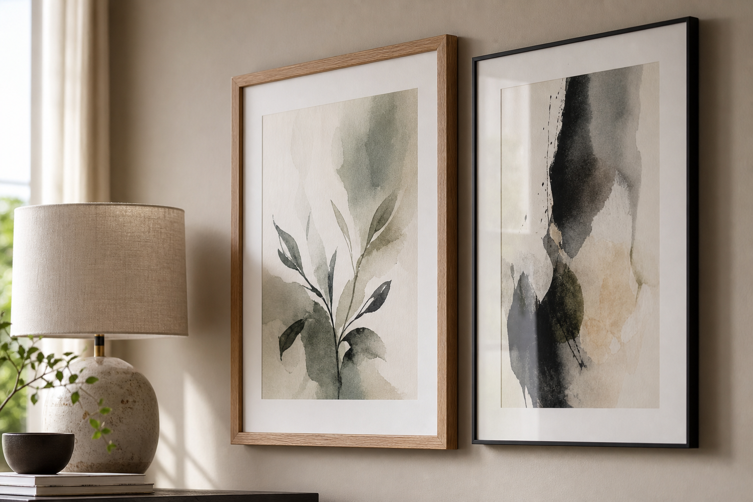 Close-up of oak and black frames on a beige textured wall