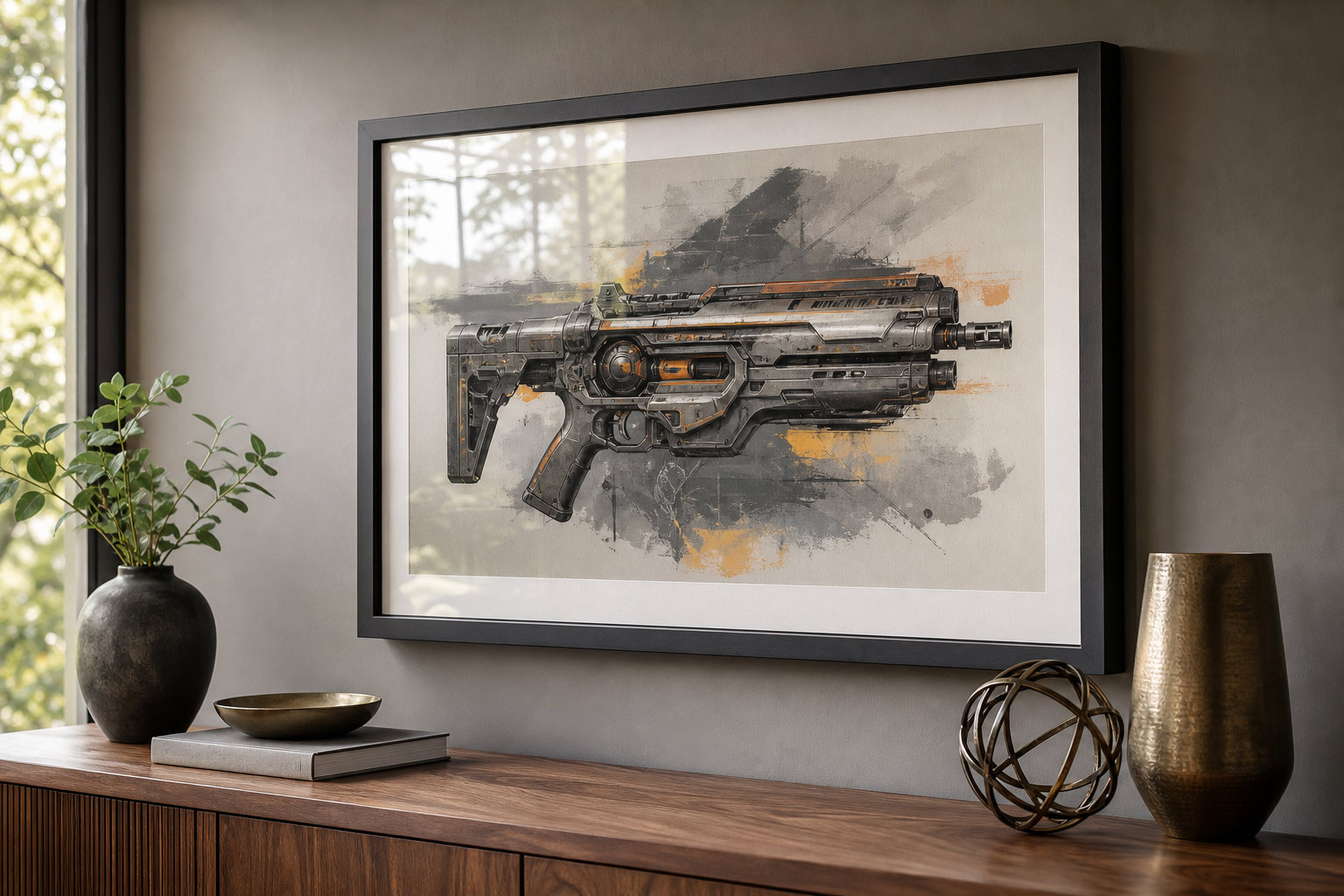 Close-up of framed blaster art and materials