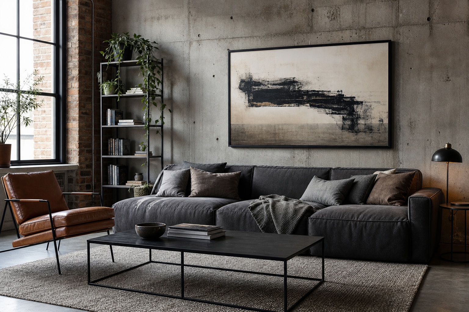 Industrial living room with framed sci-fi wall art