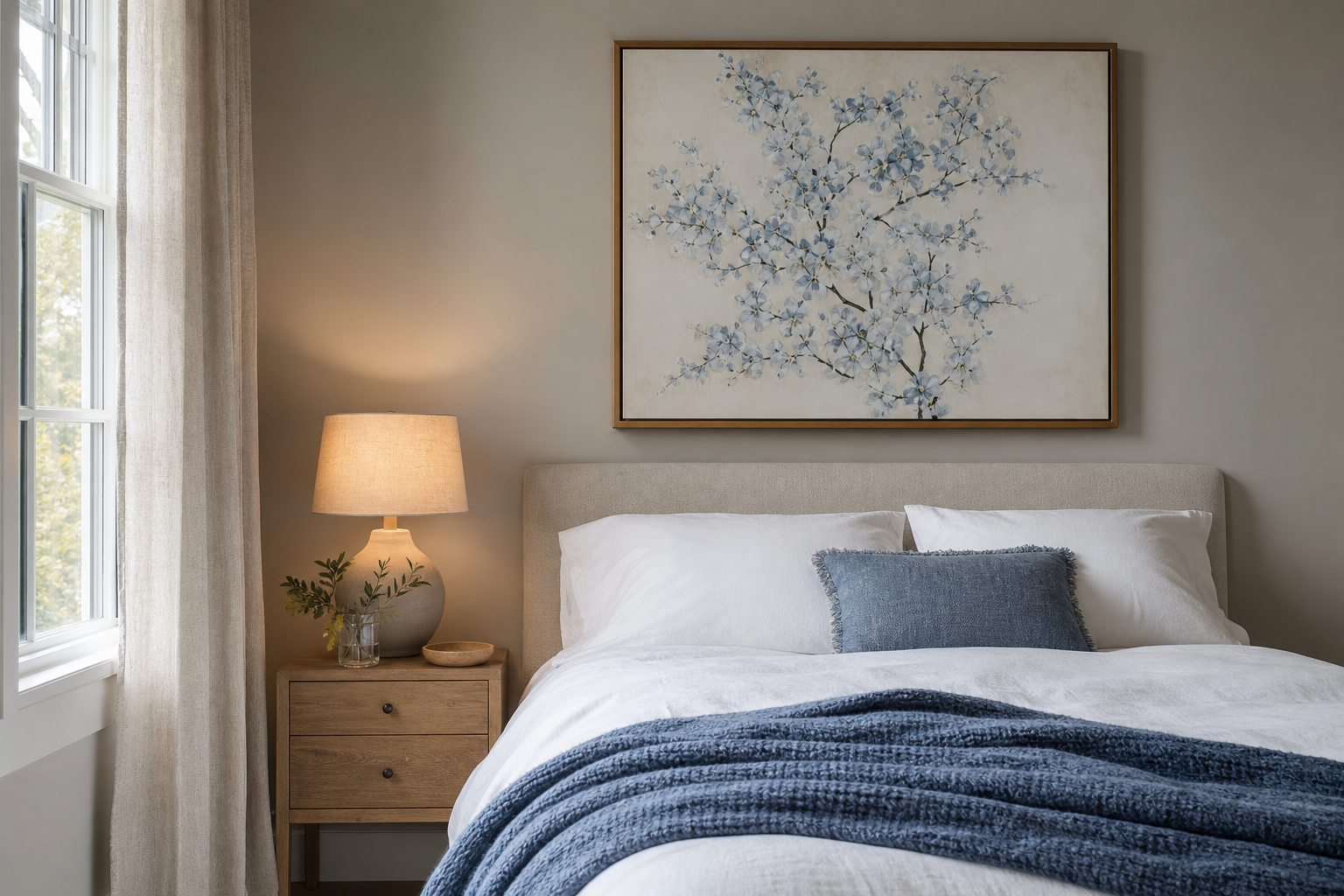Blue blossom art styled above a bed with soft textiles