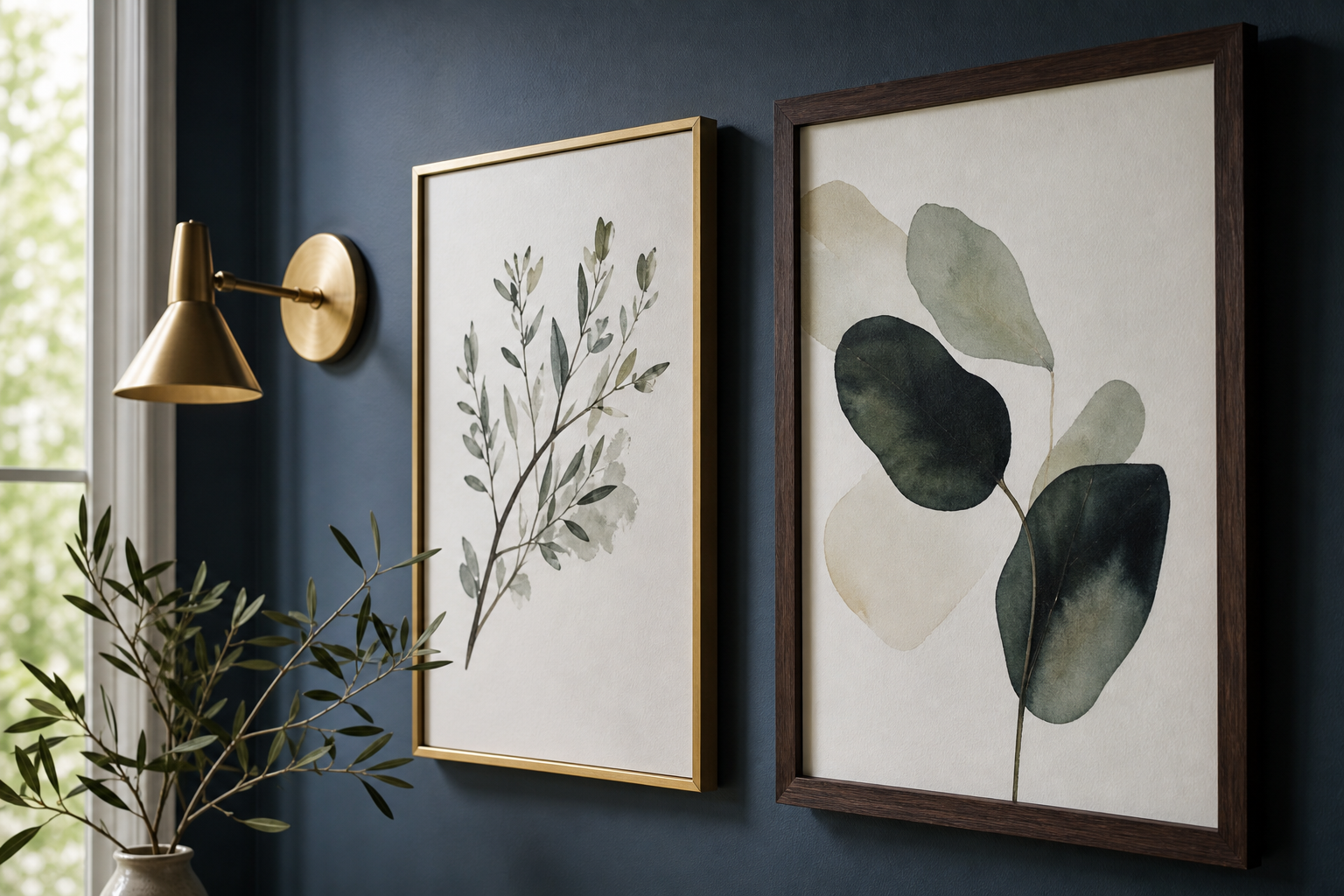 Close-up of gold and walnut frames with celestial prints