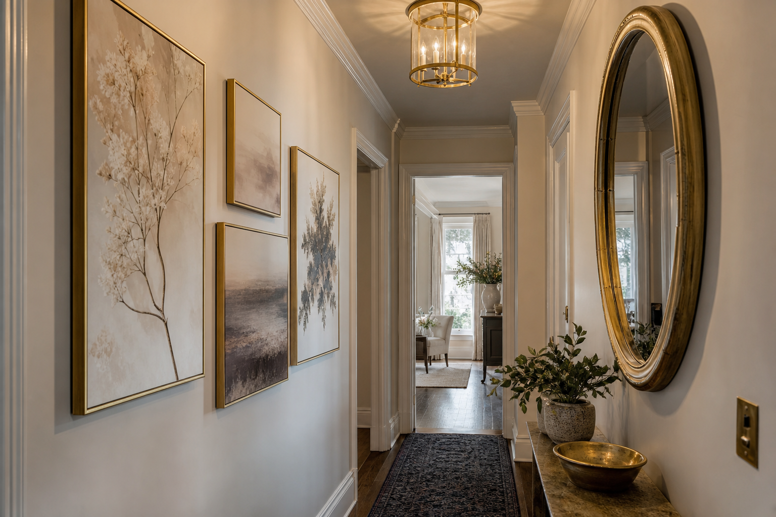 Dark hallway with celestial gallery wall and brass accents