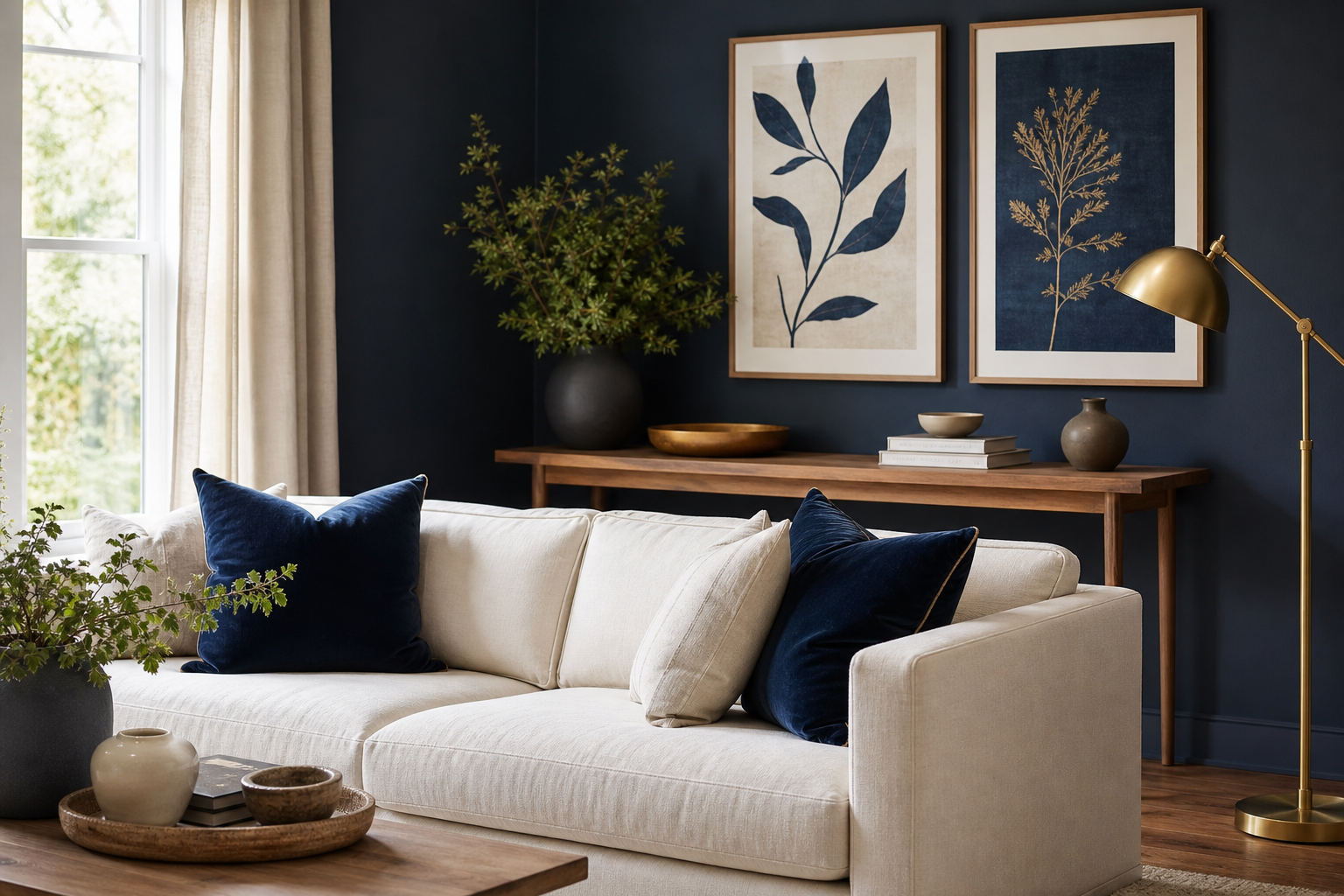 Living room styled in navy, cream, and brushed gold