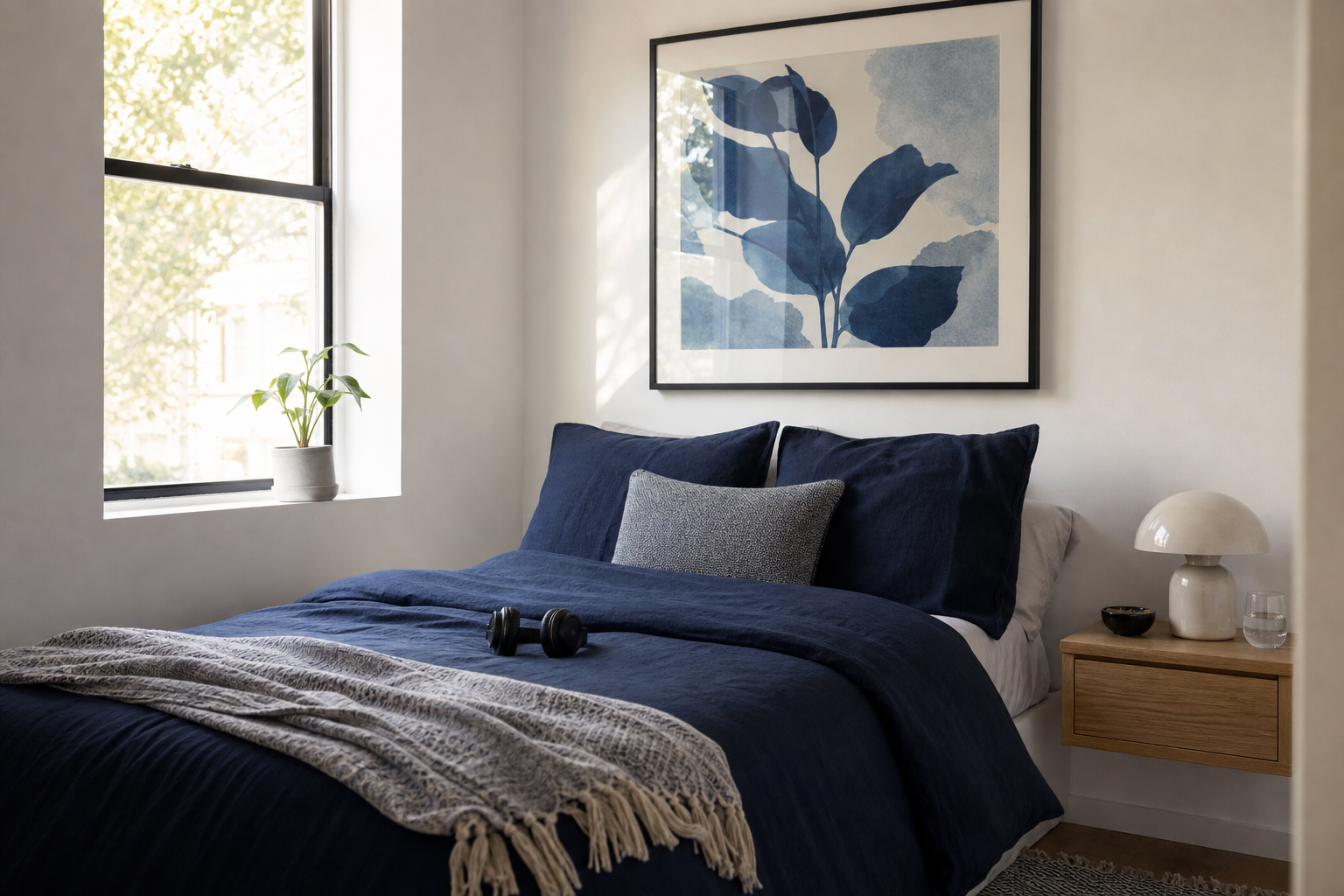 Blue anime-inspired wall art above bed