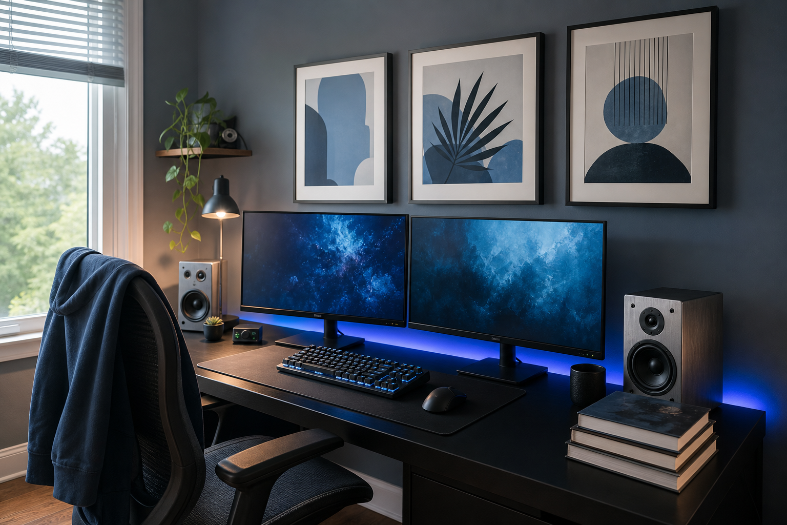 Desk setup with blue-toned anime art above