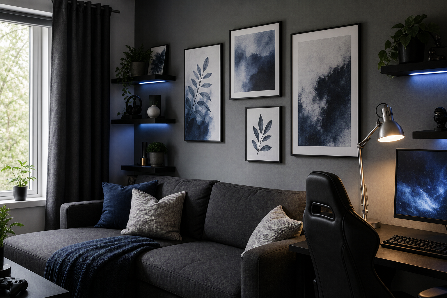Blue-themed wall arrangement in gaming room
