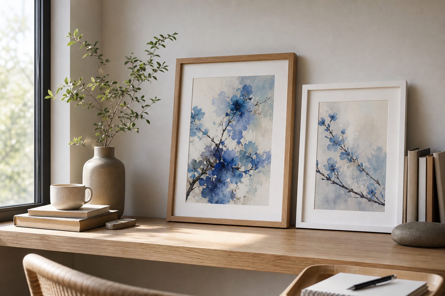Framed botanical art in oak and white frame comparison on a wall ledge