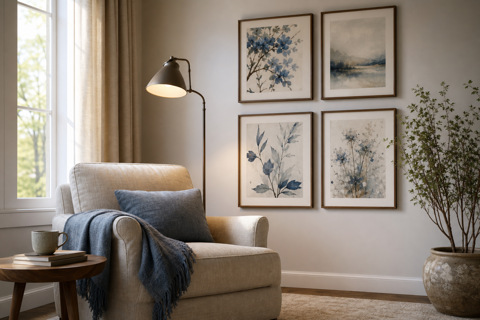 Botanical gallery wall in a reading corner with blue and neutral tones
